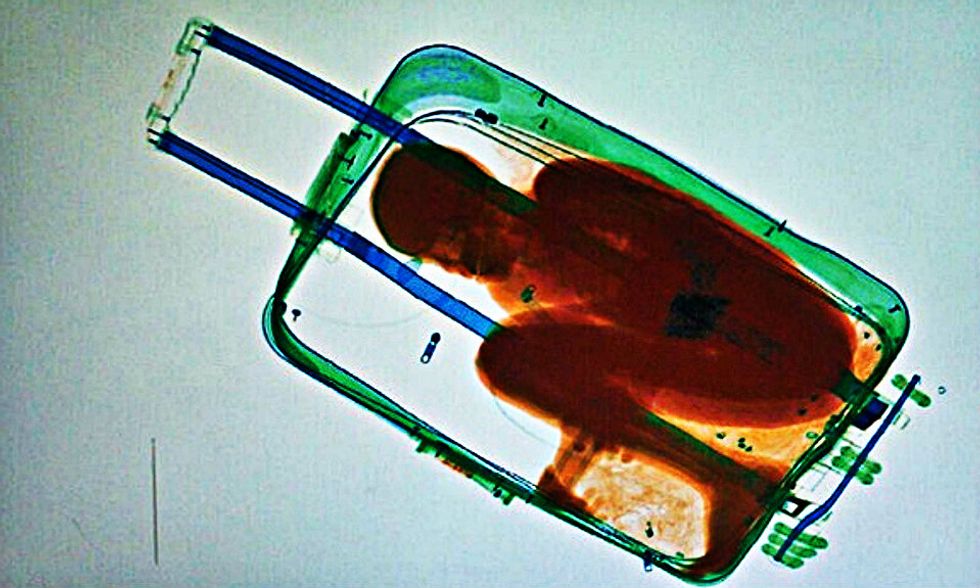 Bambino in una valigia per attraversare il confine