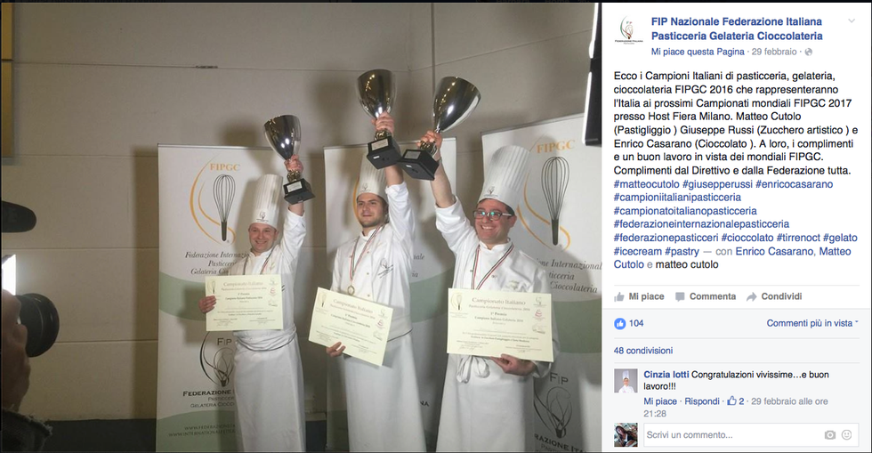 Enrico Casarano, Matteo Cutolo e Giuseppe Russi, i tre vincitori del campionato italiano di pasticceria 2016