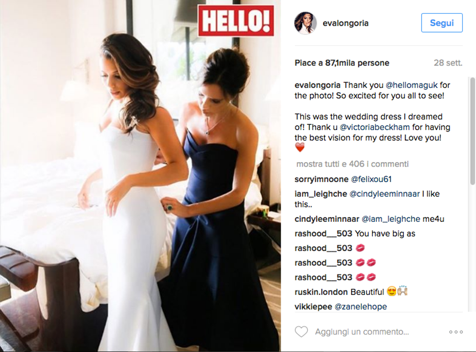 Eva Longoria con Victoria Beckham nel giorno del matrimonio dell'attrice con l'imprenditore Pepè Bastòn