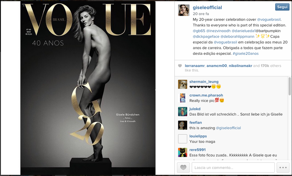 Gisele Bundchen festeggia i 20 anni di carriera con un nudo da copertina