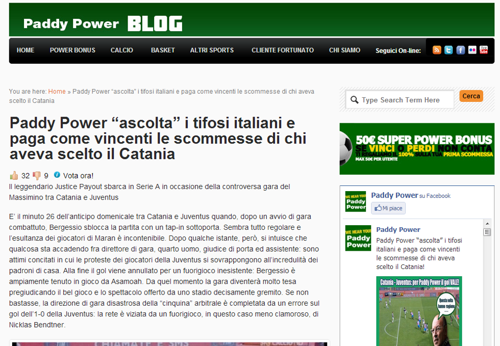 Il "Justice Payout" arriva in Italia: Paddy Power paga anche chi ha puntato sul Catania