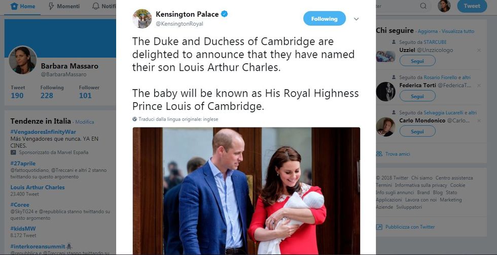 Il tweet con cui Kensington Palace ha annunciato il nome del terzo royal baby