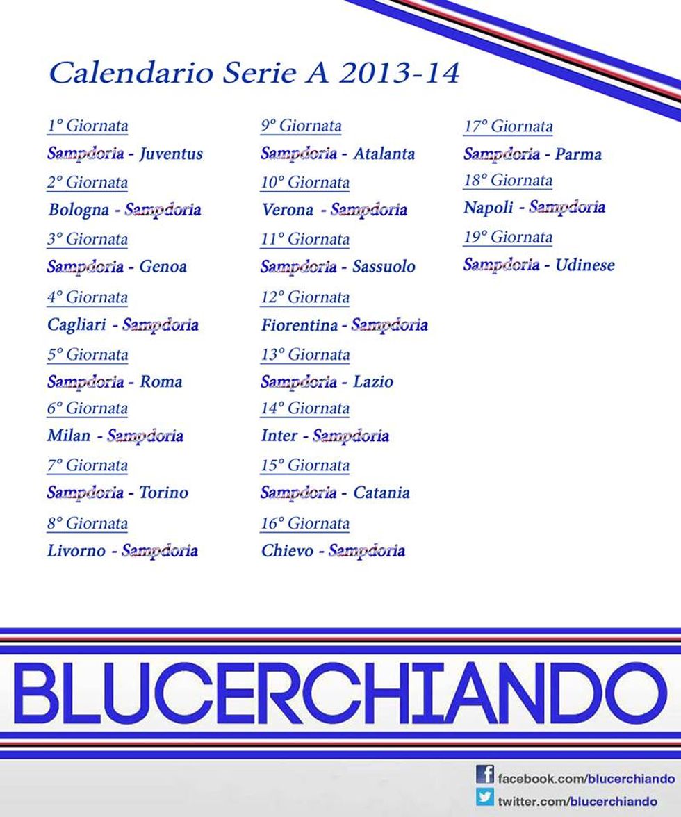 Il calendario della Sampdoria 2013/2014