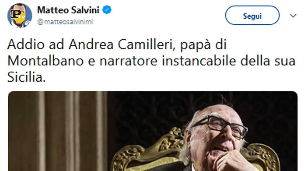 Il tweet di Salvini in memoria di Camilleri scatena critiche su Twitter