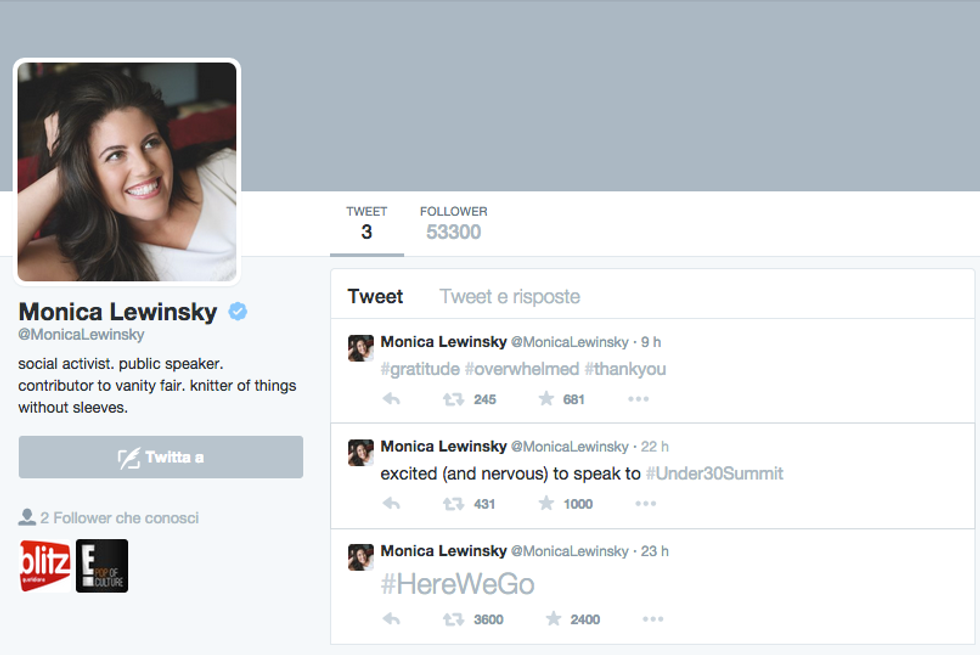 Monica Lewinsky arriva su Twitter ed è boom di follower