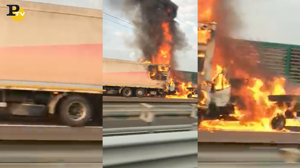 incidente autostrada A4 tir fiamme incendio video fuoco