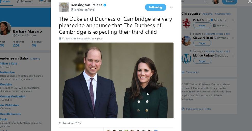 Kensington Palace annuncia la terza gravidanza per Kate Middleton
