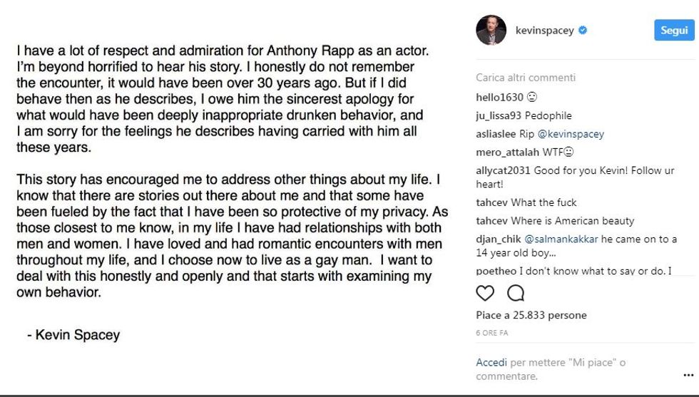 Kevin Spacey, il coming out su Instagram
