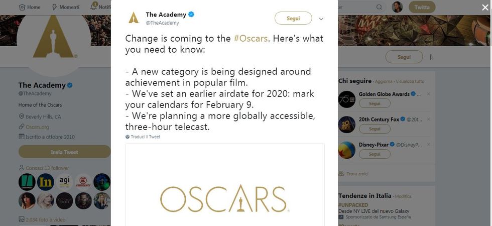 L'annuncio Twitter delle novità per gli Oscar 2020