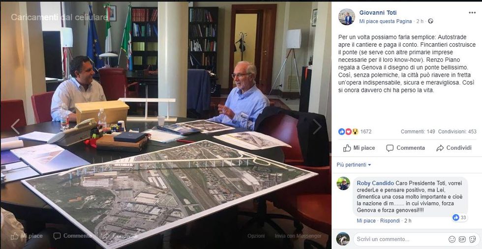 L'architetto Renzo Piano mostra al Presidente della Regione Liguria Giovanni Toti la sua idea di ponte da sostituire al vecchio Morandi crollato il 14 agosto
