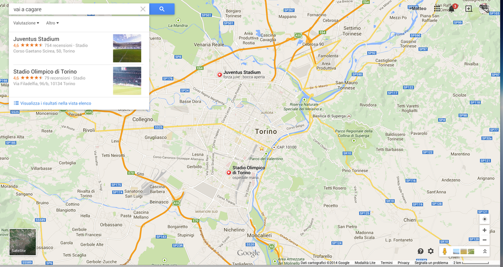 Gli stadi di Torino, Google Maps e lo scherzo del giorno