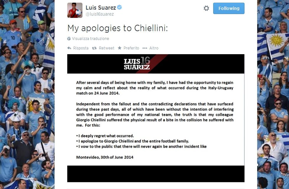 Le scuse di Suarez a Chiellini: "Non capiterà più"