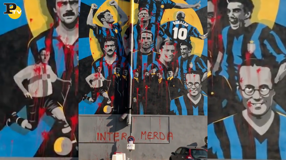 Murales Inter Wall Milano imbrattato tifosi Milan merda