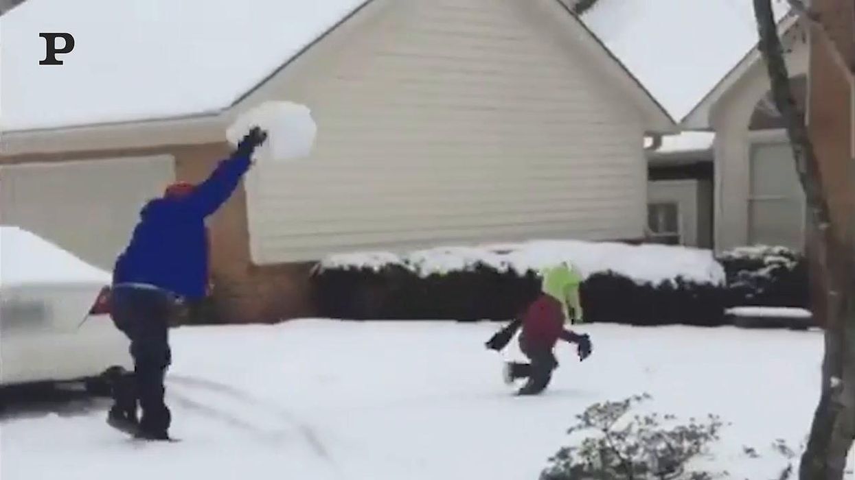 Palle di neve, quando il gioco si fa duro e cadi a terra come un birillo | video