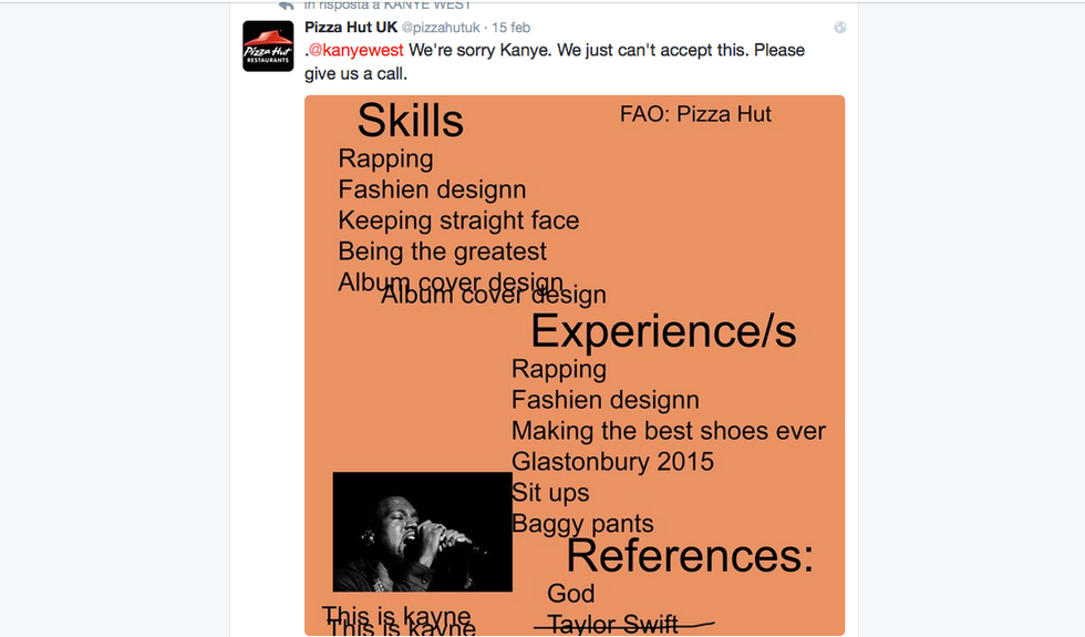 Pizza Hut UK offre lavoro a Kanye West