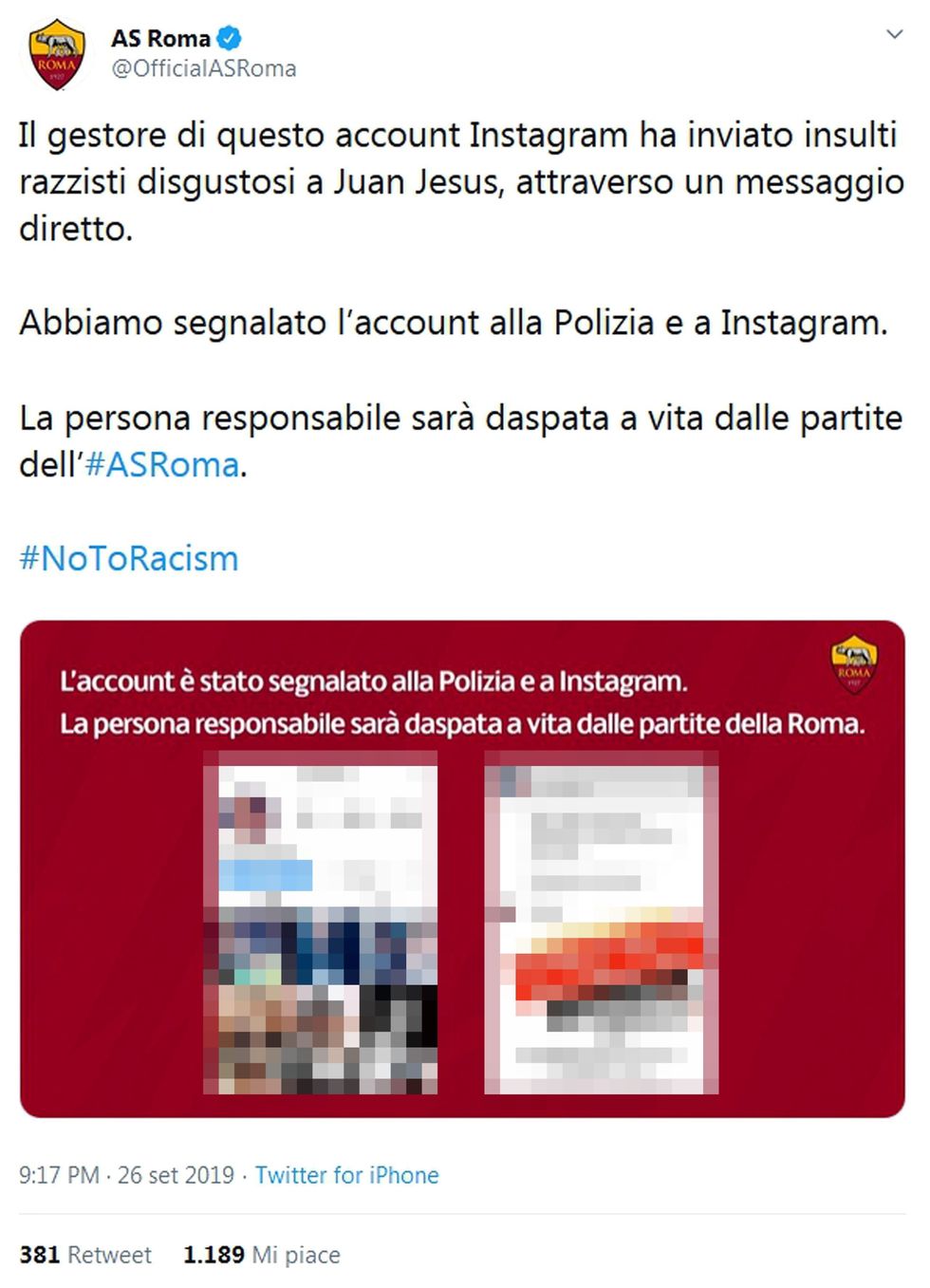 roma tifoso daspo razzismo instagram