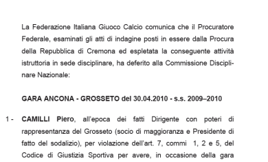 Calcioscommesse: i deferimenti – DOCUMENTO
