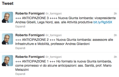 Formigoni: su Twitter la nuova Giunta