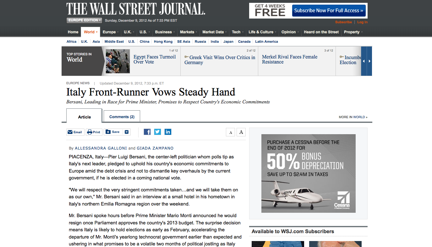 L’intervista di Bersani al WSJ