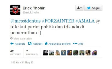 Erick Thohir su Twitter: “Forza Inter” (ma senza politica)
