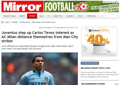 Tevez – Juventus: il Daily Mirror fa le cifre
