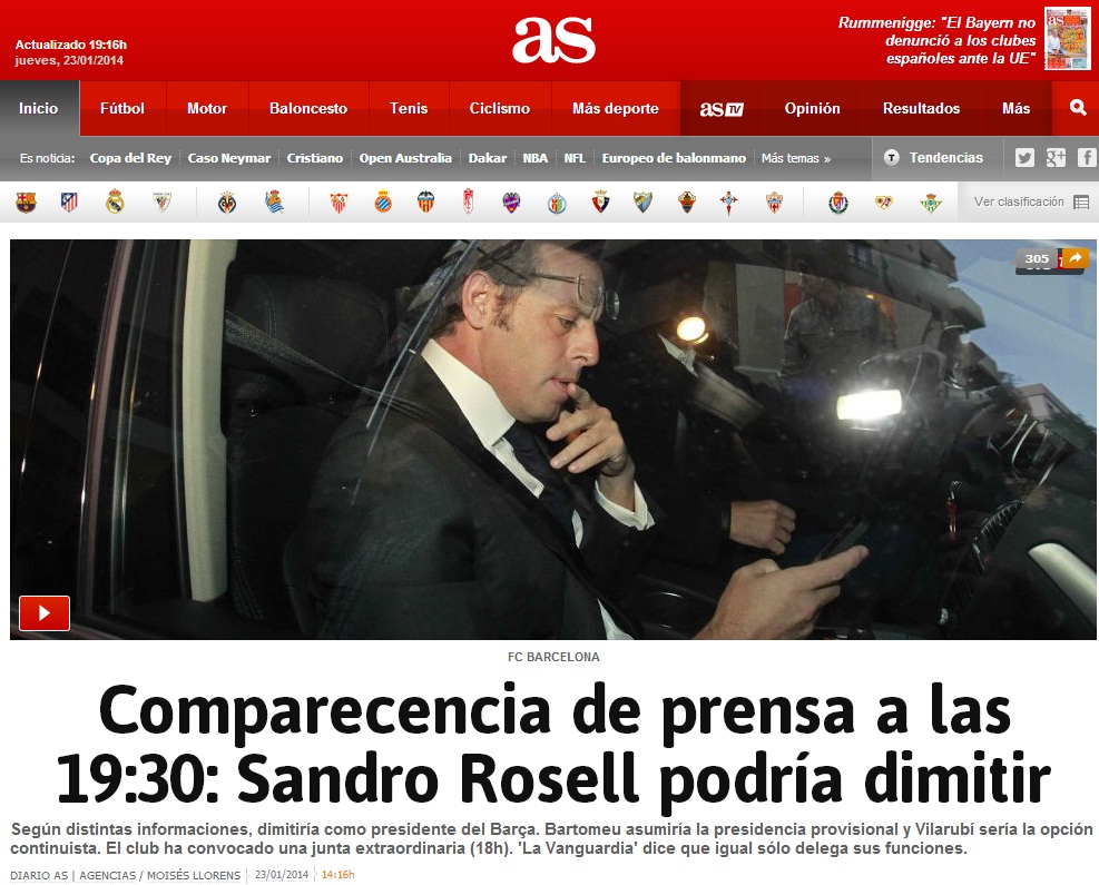 Caos Barcellona: Rosell si dimette, Bartomeu nuovo presidente Caos Barcellona: Rosell si dimette, Bartomeu nuovo presidente