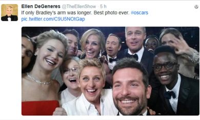 Oscar 2014, il selfie di Ellen DeGeneres è da record