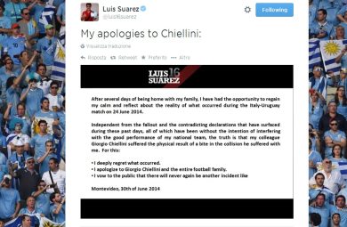 Le scuse di Suarez a Chiellini: “Non capiterà più”