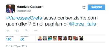 Il tweet di Maurizio Gasparri su Vanessa e Greta