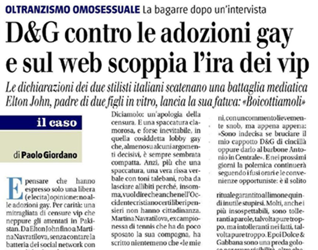 La stampa su Elton John – Dolce e Gabbana dopo l’intervista a Panorama
