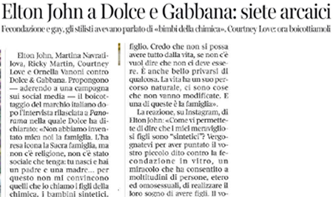 La stampa su Elton John – Dolce e Gabbana dopo l’intervista a Panorama