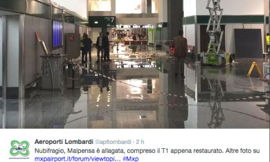 Malpensa, bomba d’acqua, crolla controsoffitto – foto – video