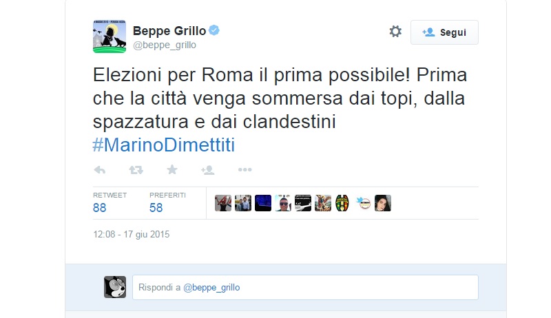 Il tweet di Beppe Grillo che associa topi, spazzatura e clandestini