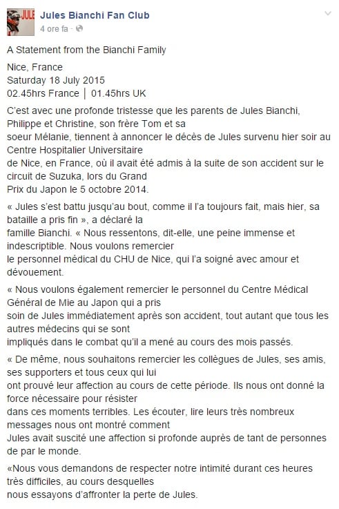 E’ morto Jules Bianchi: la sua vita si era spezzata a Suzuka E’ morto Jules Bianchi: la sua vita si era spezzata a Suzuka