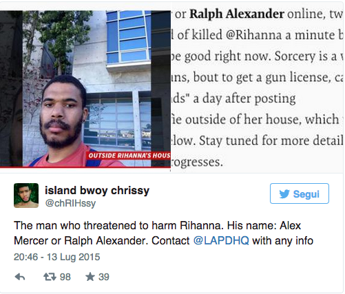 Rihanna minacciata di morte da uno stalker