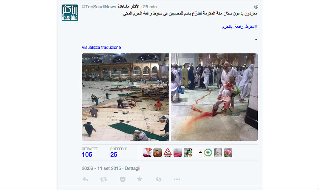 Mecca: una gru sulla Grande Moschea, decine di morti – Foto, Video