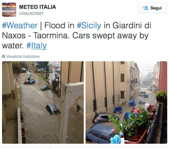 Sicilia, Giardini Naxos: bomba d’acqua e situazione critica – Foto e video