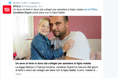 I colleghi regalano un anno di ferie al padre di una bimba malata