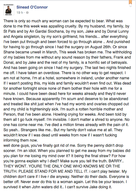 Sinead O’Connor ha annunciato il suicidio su Facebook