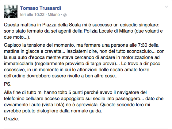Tomaso Trussardi, la multa gli rovina la giornata Tomaso Trussardi, la multa gli rovina la giornata