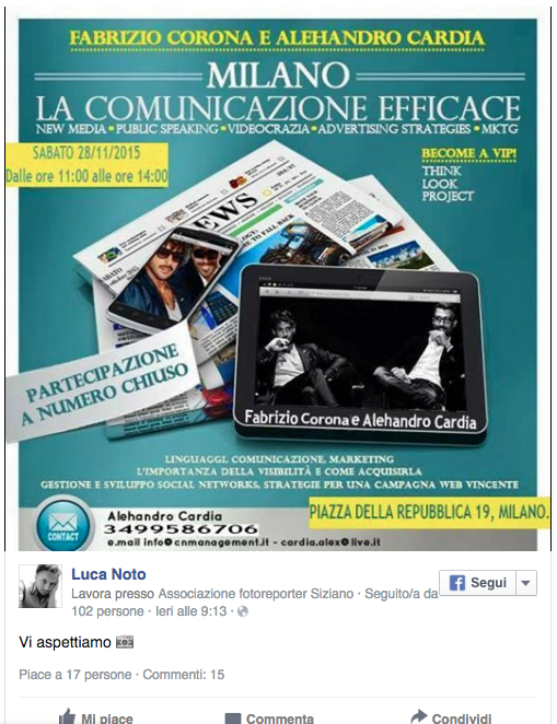 Fabrizio Corona: 100 euro l’ora per una lezione di marketing da lui