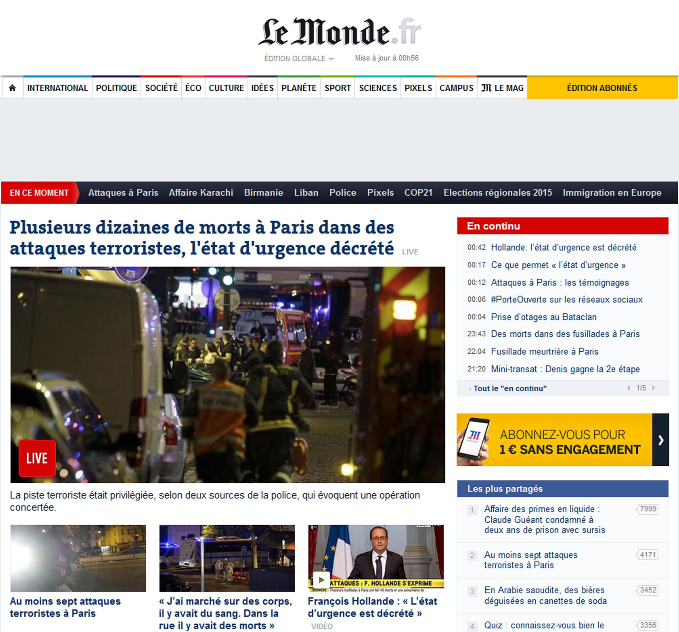 Parigi, 13 novembre 2015: le prime pagine dei media online