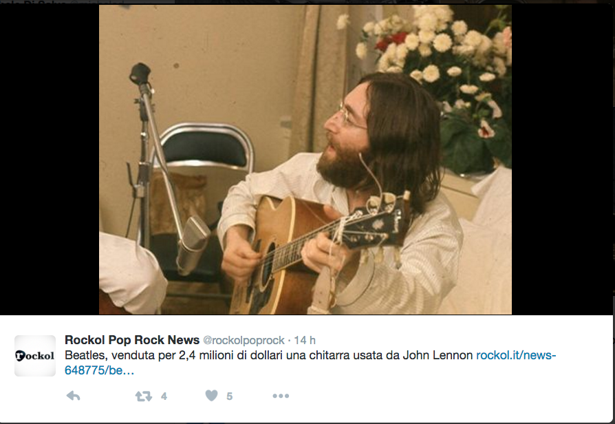 La chitarra scomparsa di John Lennon è stata battuta all’asta