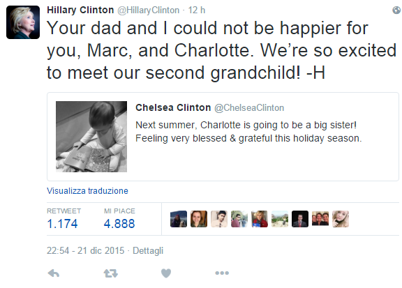 Hillary Clinton sarà nonna bis