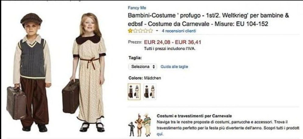 Amazon ritira il costume di carnevale da piccolo profugo Amazon ritira il costume di carnevale da piccolo profugo