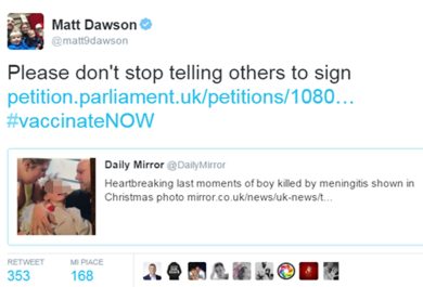 Su Twitter la foto choc del bimbo inglese morto di meningite