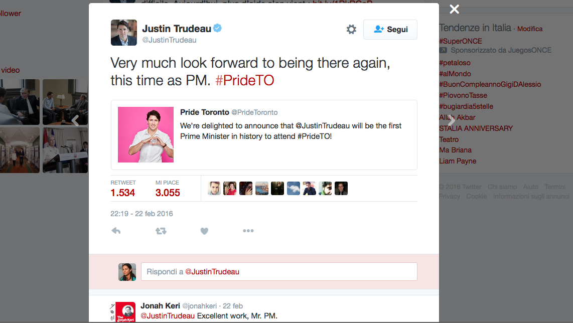 In Canada il premier Justin Trudeau sfilerà al pride di Toronto In Canada il premier Justin Trudeau sfilerà al pride di Toronto