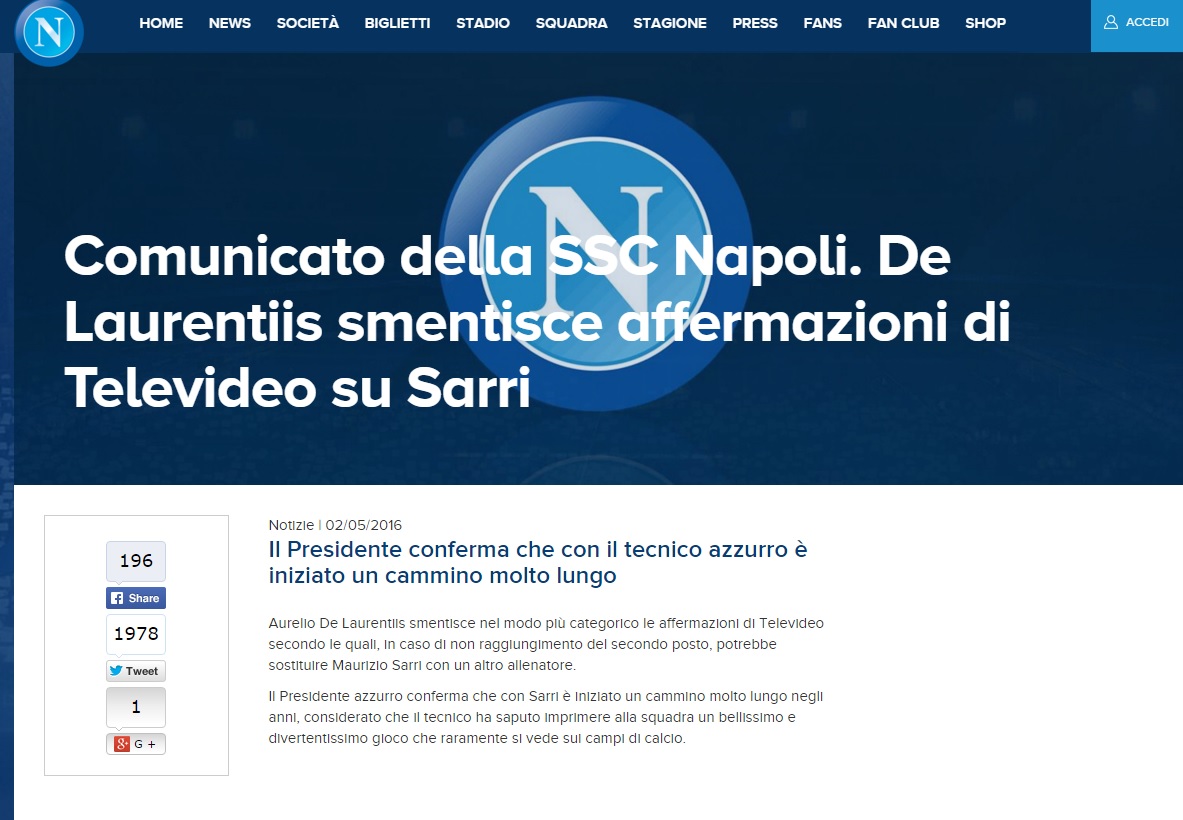 De Laurentiis conferma Sarri via Televideo: il Napoli torna agli anni Ottanta De Laurentiis conferma Sarri via Televideo: il Napoli torna agli anni Ottanta