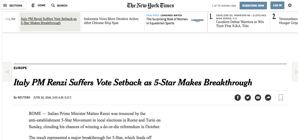 Raggi sindaco di Roma: le reazioni della stampa estera