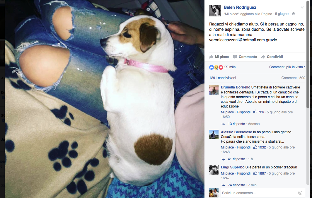 Nina Moric scherza sul cane perduto della Rodriguez